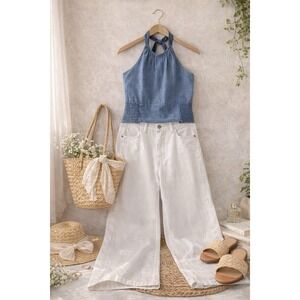 LOFT Blue Chambray Halter Top Size 2 Smocked Back 100% Cotton Summer Tank